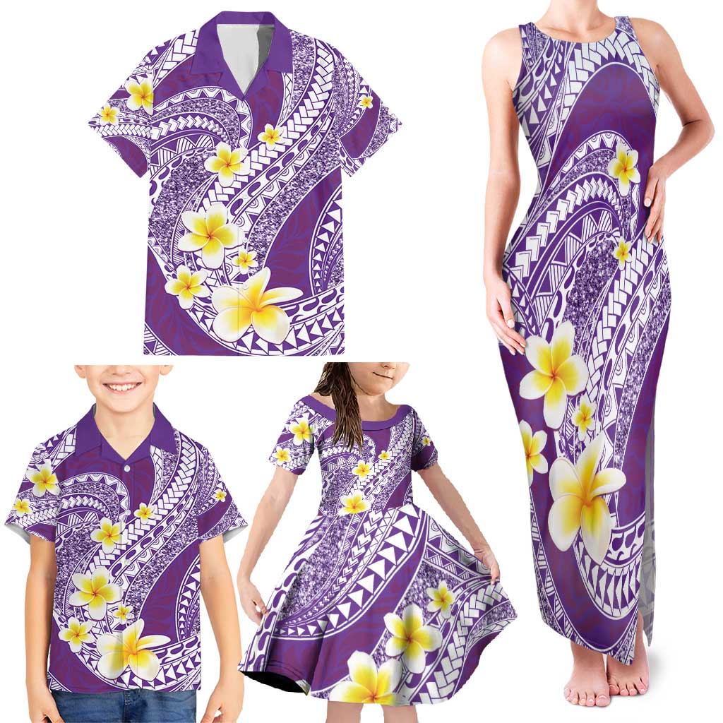 Plumeria Polynesian Purple Glitter Pattern Family Matching Tank Maxi Dress and Hawaiian Shirt LT01 - Polynesian Pride