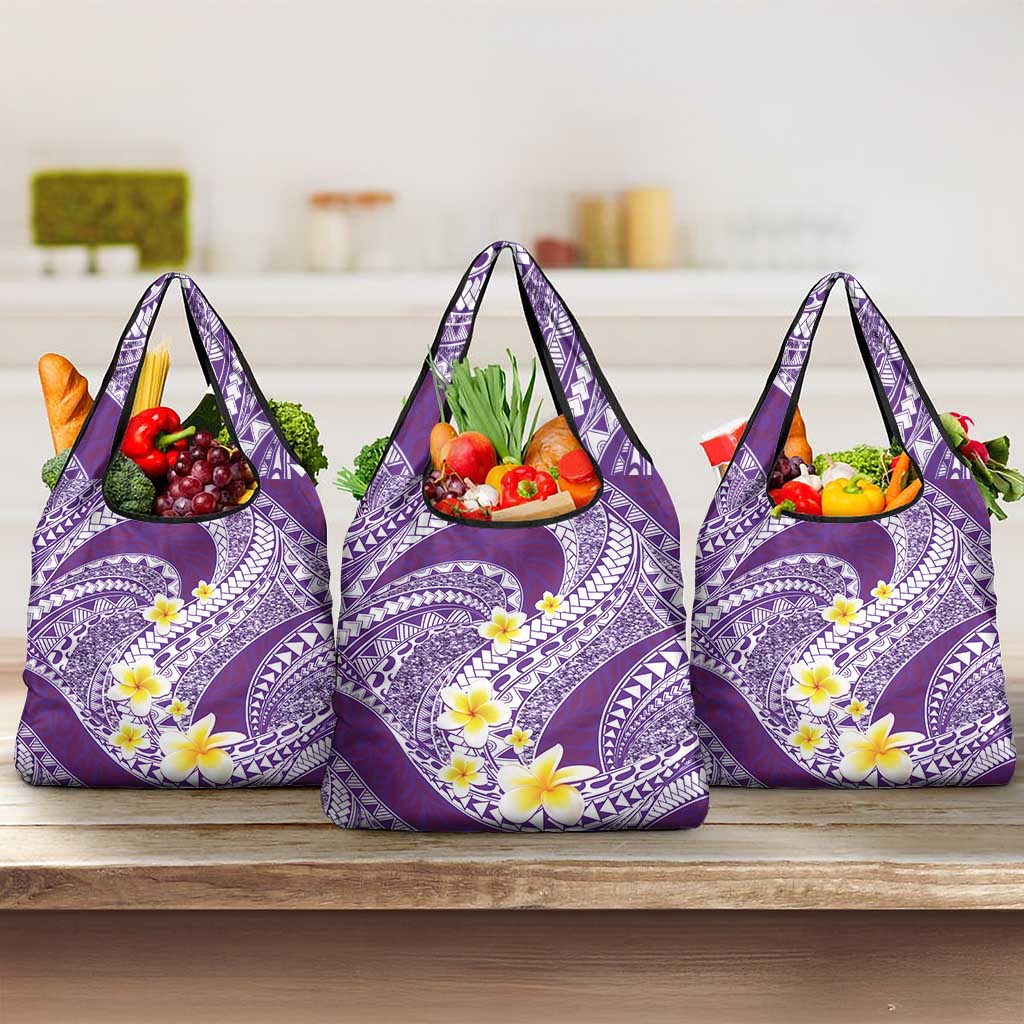 Plumeria Polynesian Purple Glitter Pattern Grocery Bag LT01 3-pack One Size Purple - Polynesian Pride
