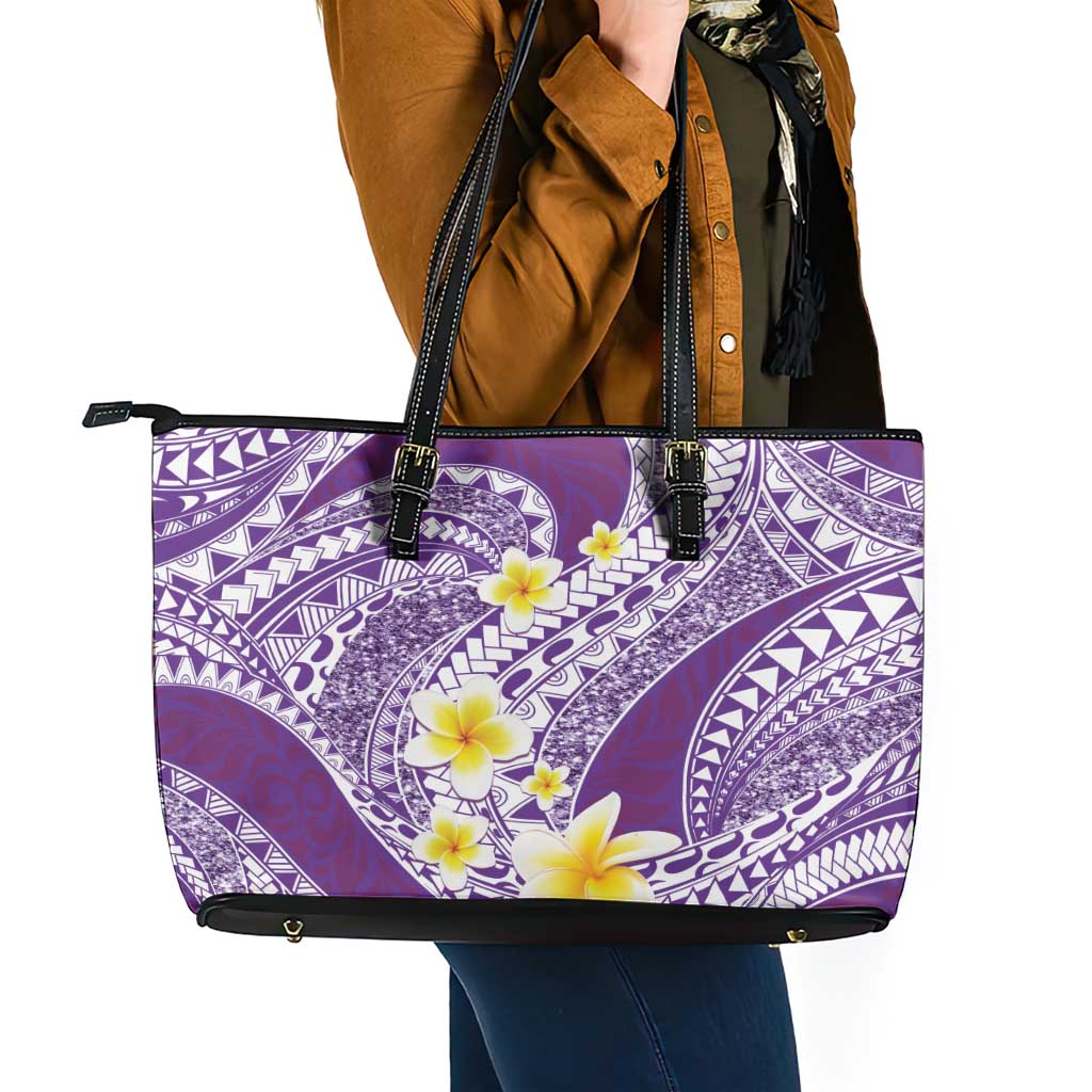Plumeria Polynesian Purple Glitter Pattern Leather Tote Bag