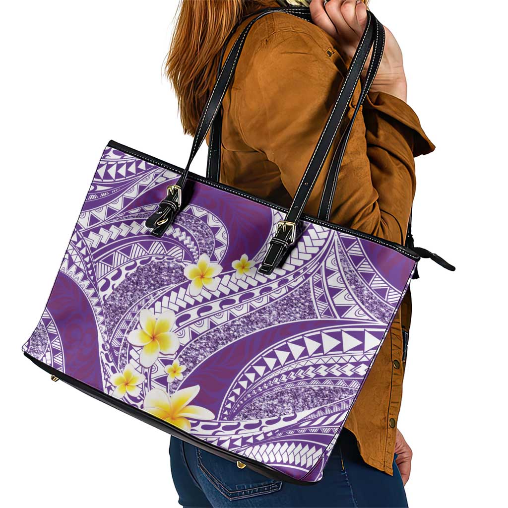 Plumeria Polynesian Purple Glitter Pattern Leather Tote Bag