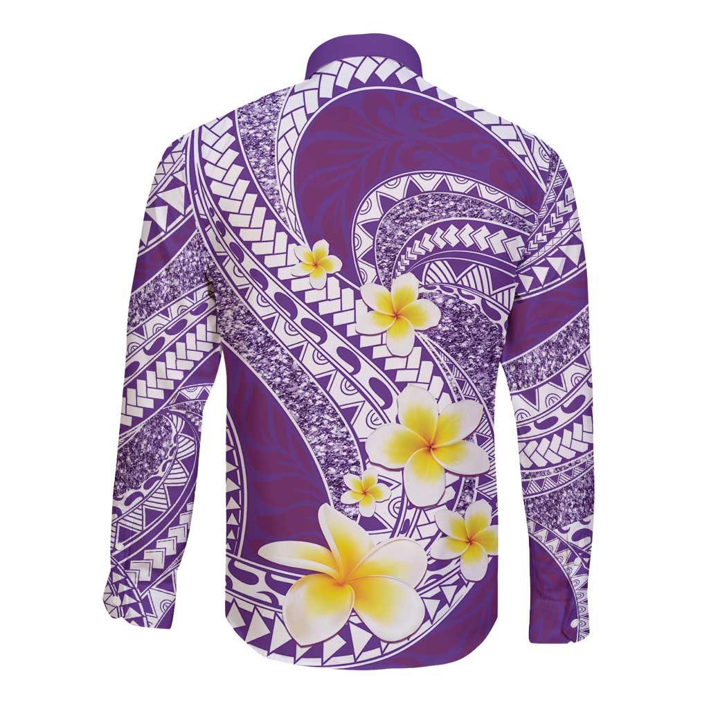 Plumeria Polynesian Purple Glitter Pattern Long Sleeve Button Shirt LT01 - Polynesian Pride