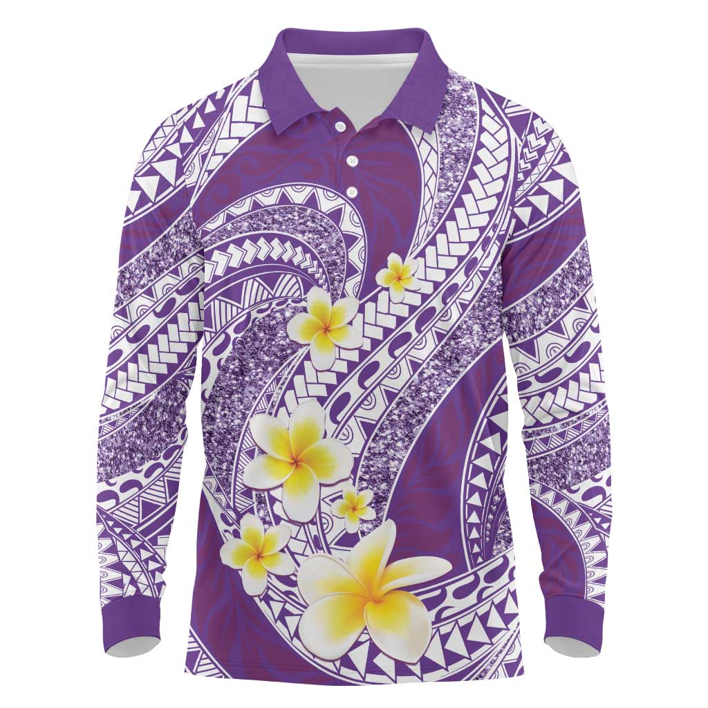 Plumeria Polynesian Purple Glitter Pattern Long Sleeve Polo Shirt