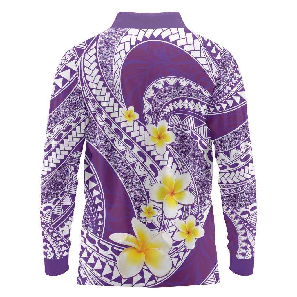 Plumeria Polynesian Purple Glitter Pattern Long Sleeve Polo Shirt