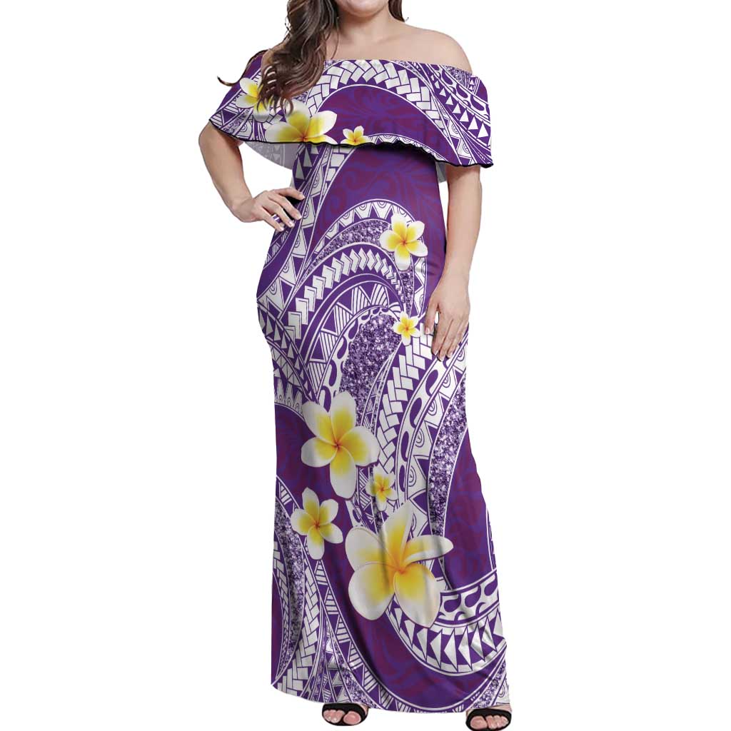 Plumeria Polynesian Purple Glitter Pattern Off Shoulder Maxi Dress LT01 Women Purple - Polynesian Pride