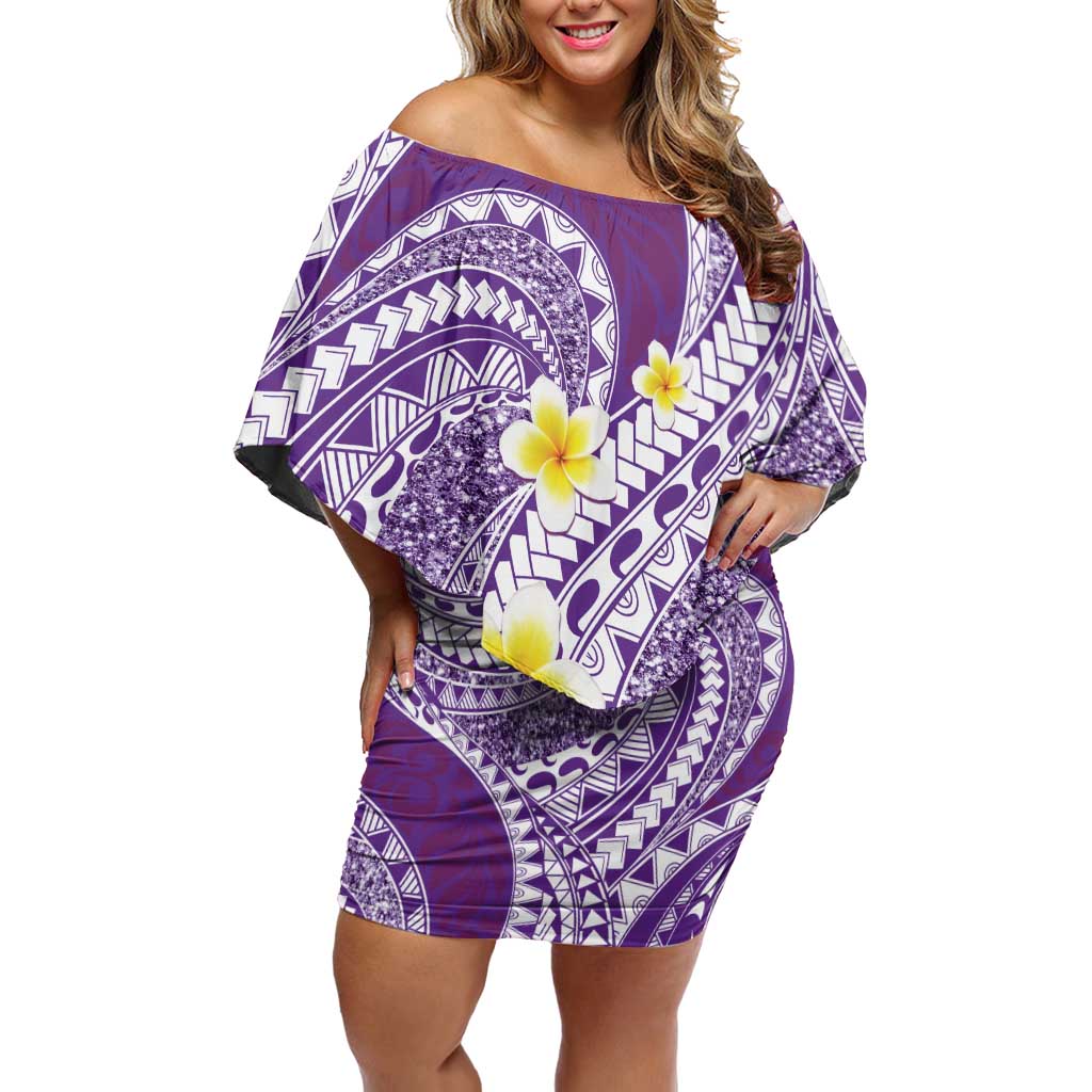 Plumeria Polynesian Purple Glitter Pattern Off Shoulder Short Dress LT01 Women Purple - Polynesian Pride