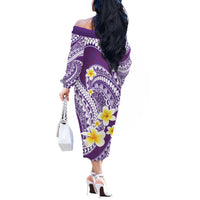 Plumeria Polynesian Purple Glitter Pattern Off The Shoulder Long Sleeve Dress