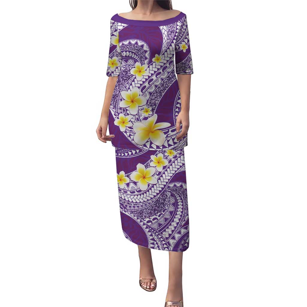 Plumeria Polynesian Purple Glitter Pattern Puletasi LT01 Long Dress Purple - Polynesian Pride