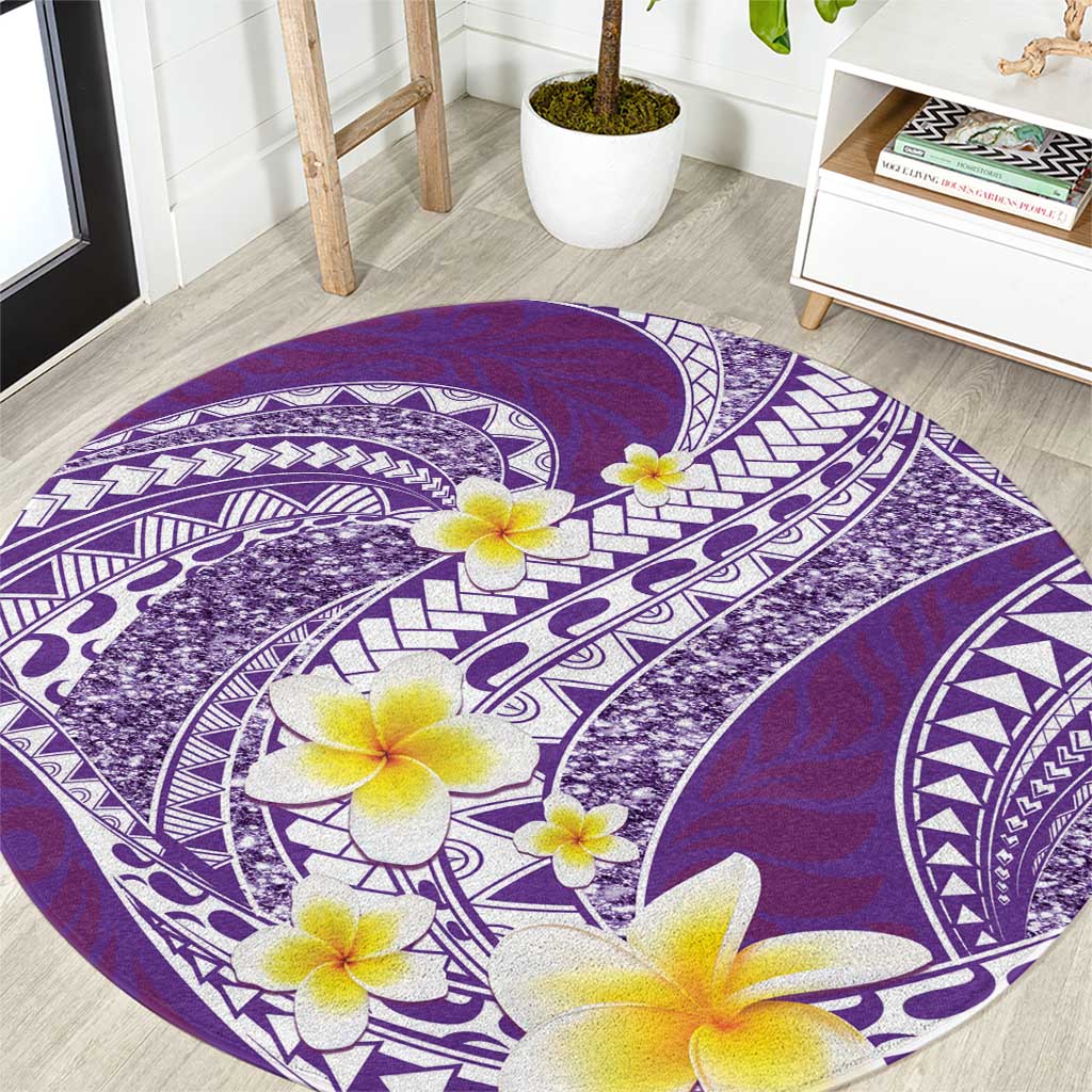 Plumeria Polynesian Purple Glitter Pattern Round Carpet