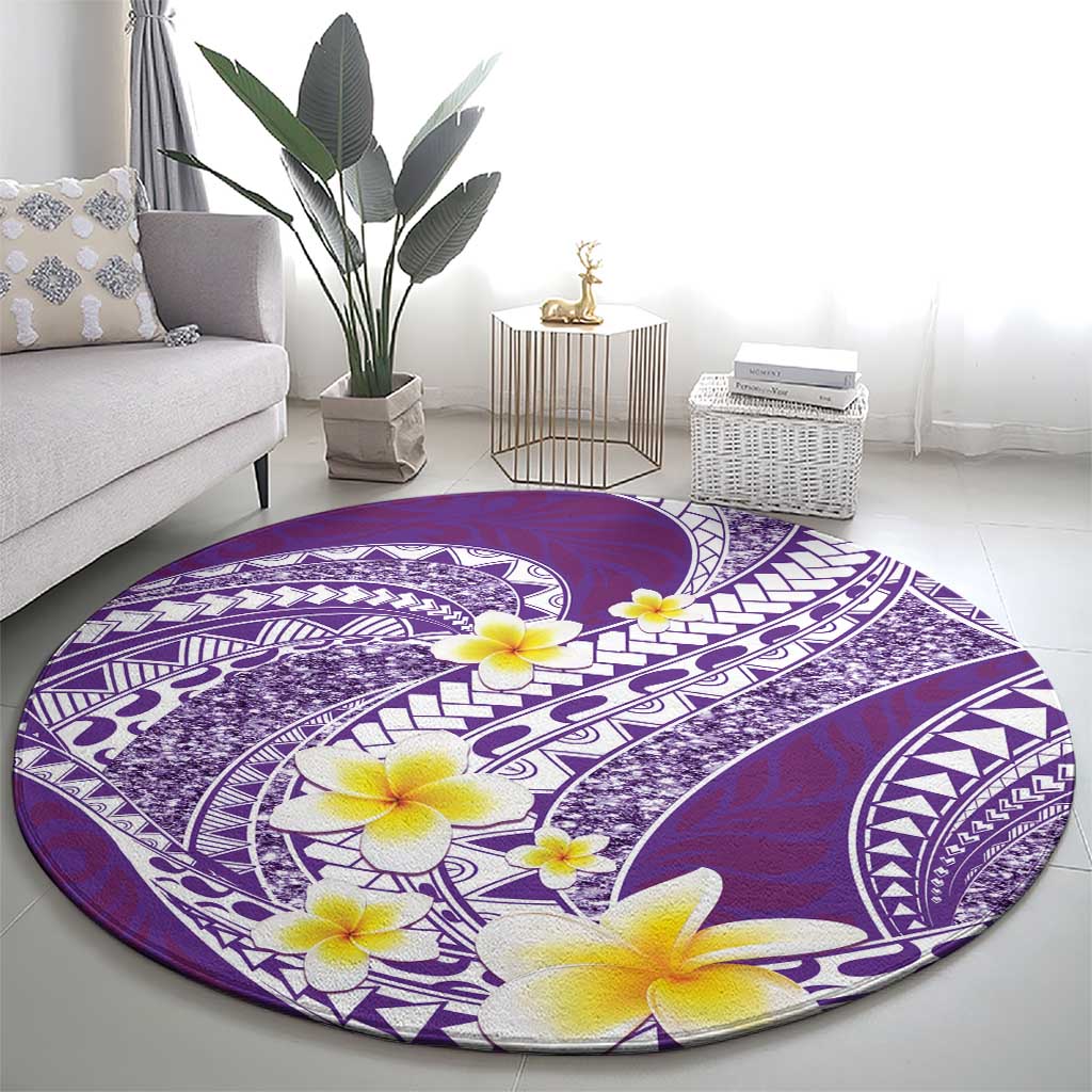 Plumeria Polynesian Purple Glitter Pattern Round Carpet