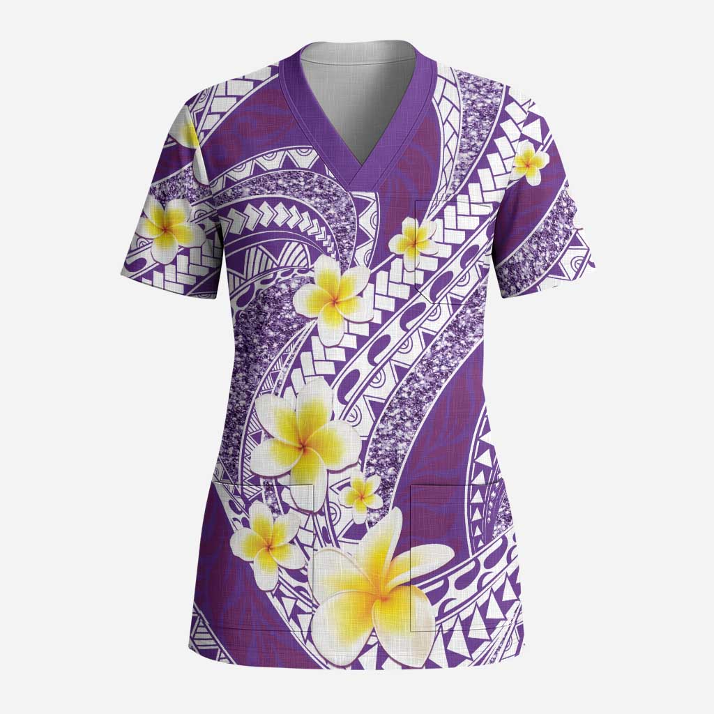 Plumeria Polynesian Purple Glitter Pattern Scrub Top LT01 Adult Purple - Polynesian Pride