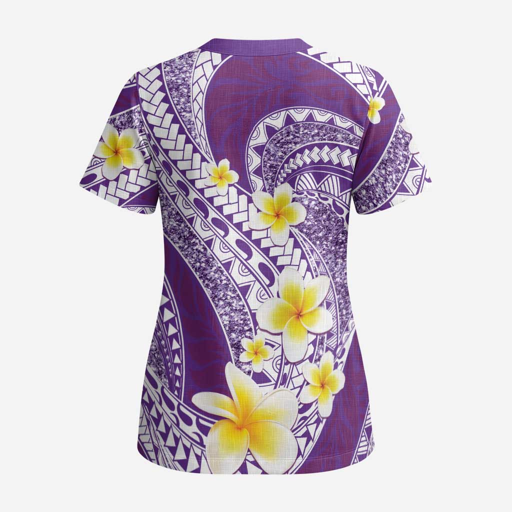 Plumeria Polynesian Purple Glitter Pattern Scrub Top LT01 - Polynesian Pride