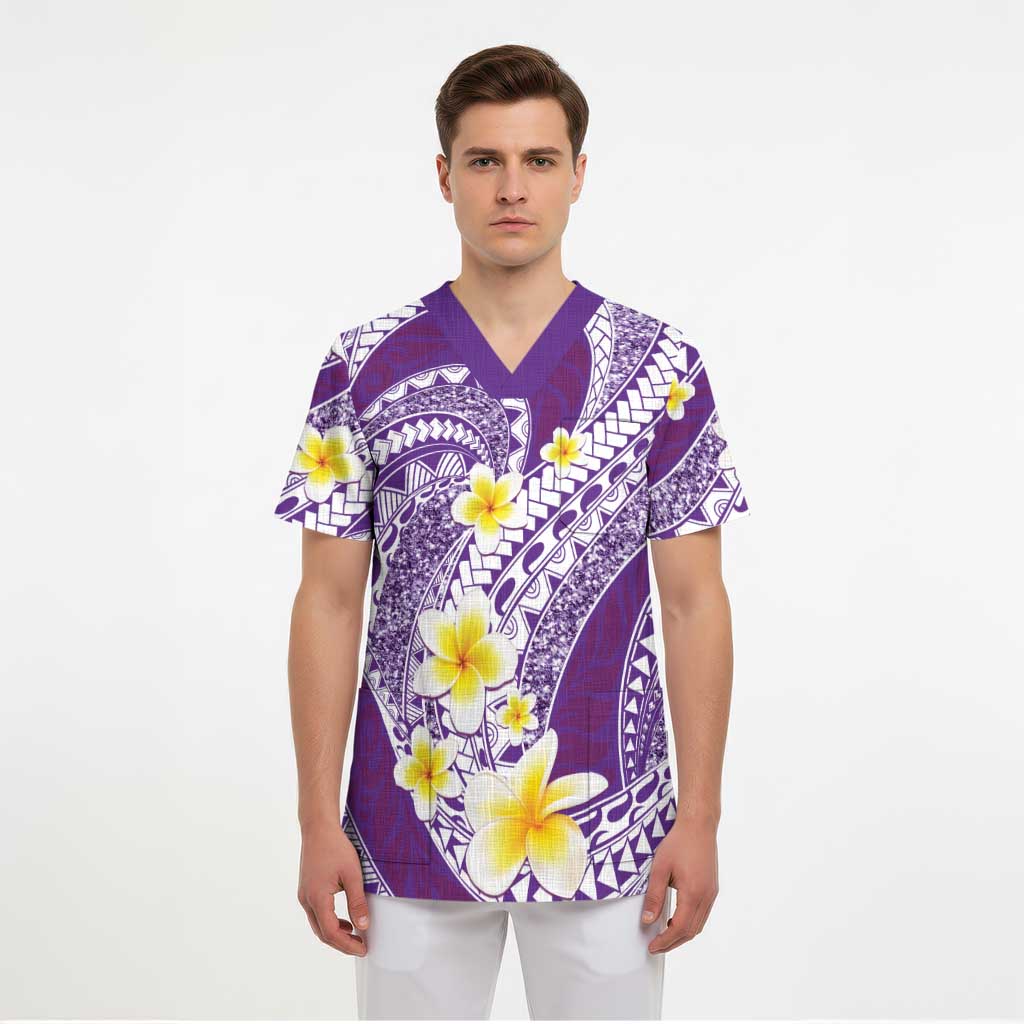 Plumeria Polynesian Purple Glitter Pattern Scrub Top LT01 - Polynesian Pride