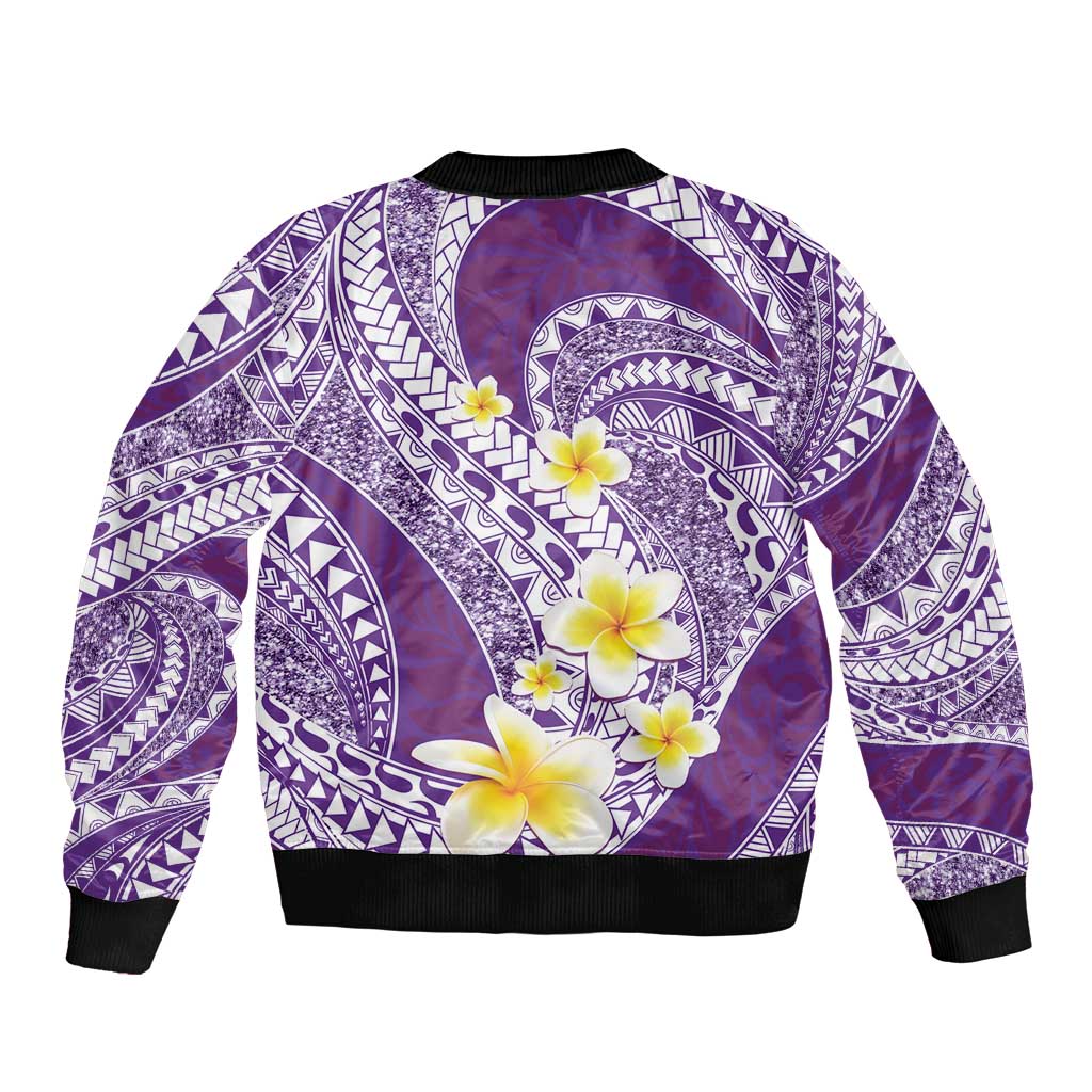 Plumeria Polynesian Purple Glitter Pattern Sleeve Zip Bomber Jacket