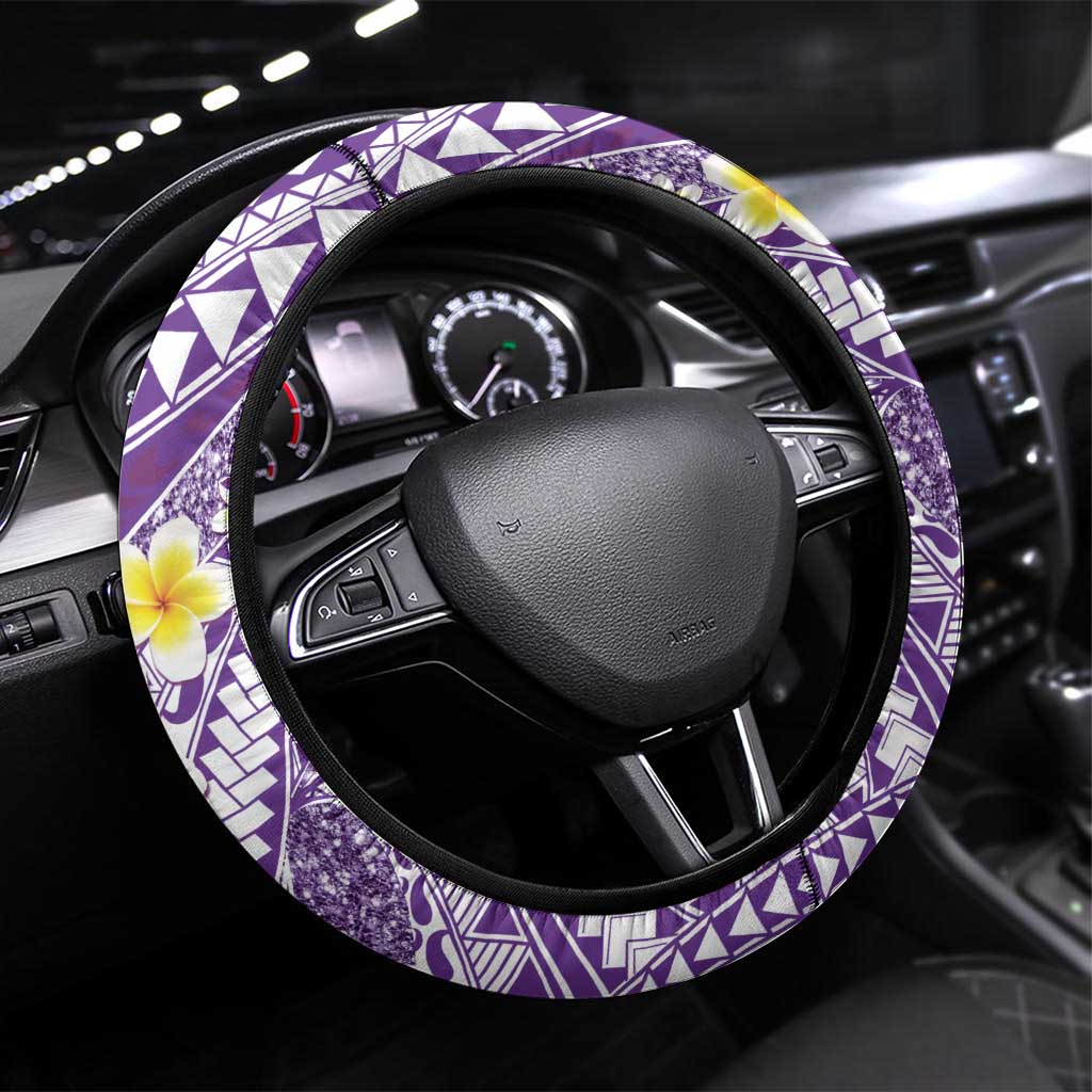 Plumeria Polynesian Purple Glitter Pattern Steering Wheel Cover LT01 Universal Fit Purple - Polynesian Pride