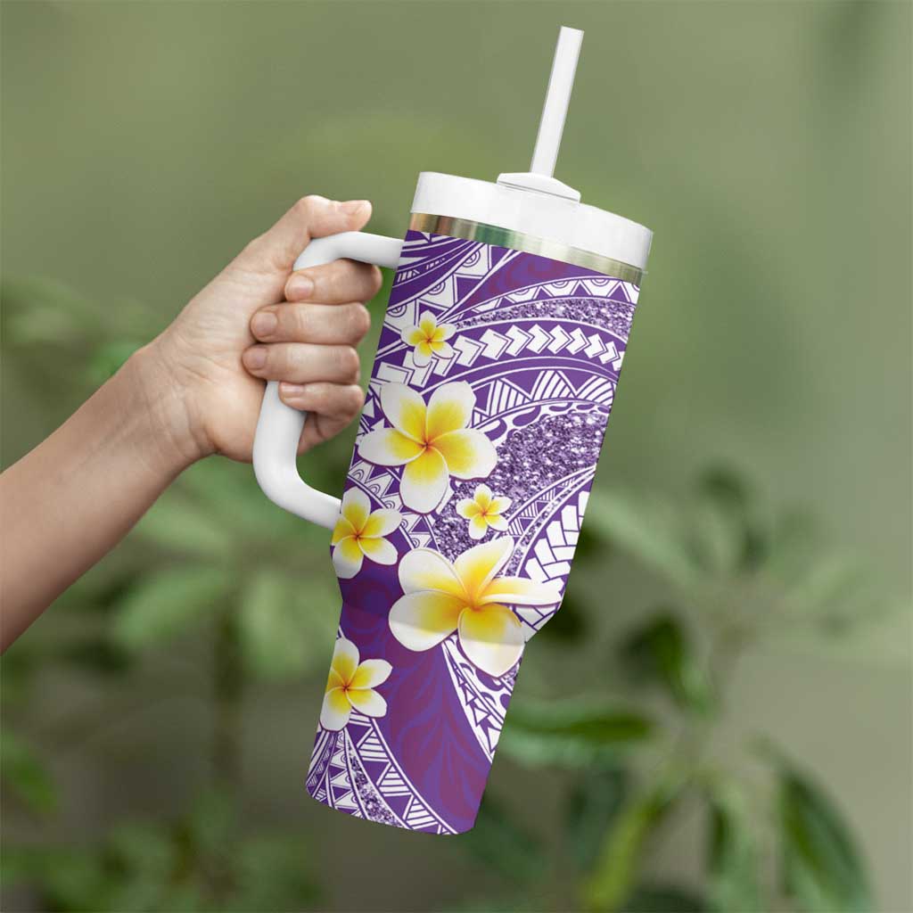 Plumeria Polynesian Purple Glitter Pattern Tumbler With Handle LT01 - Polynesian Pride