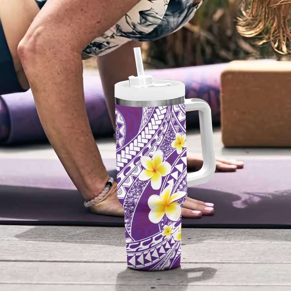 Plumeria Polynesian Purple Glitter Pattern Tumbler With Handle LT01 - Polynesian Pride