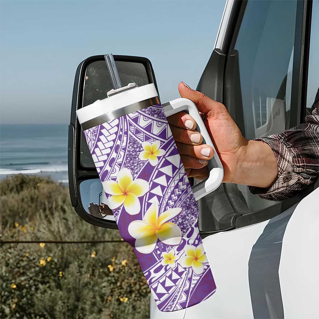 Plumeria Polynesian Purple Glitter Pattern Tumbler With Handle LT01 - Polynesian Pride