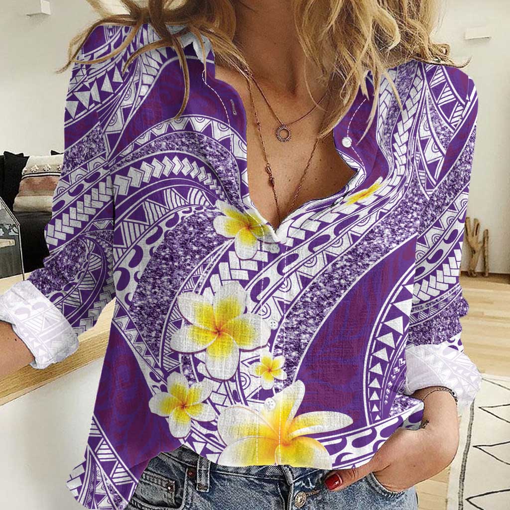 Plumeria Polynesian Purple Glitter Pattern Women Casual Shirt