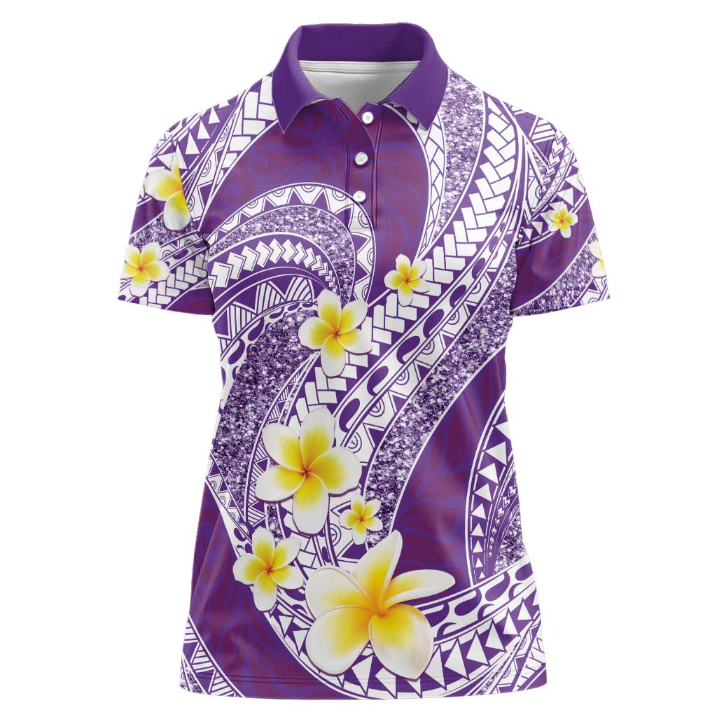 Plumeria Polynesian Purple Glitter Pattern Women Polo Shirt