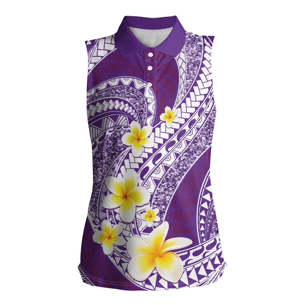 Plumeria Polynesian Purple Glitter Pattern Women Sleeveless Polo Shirt