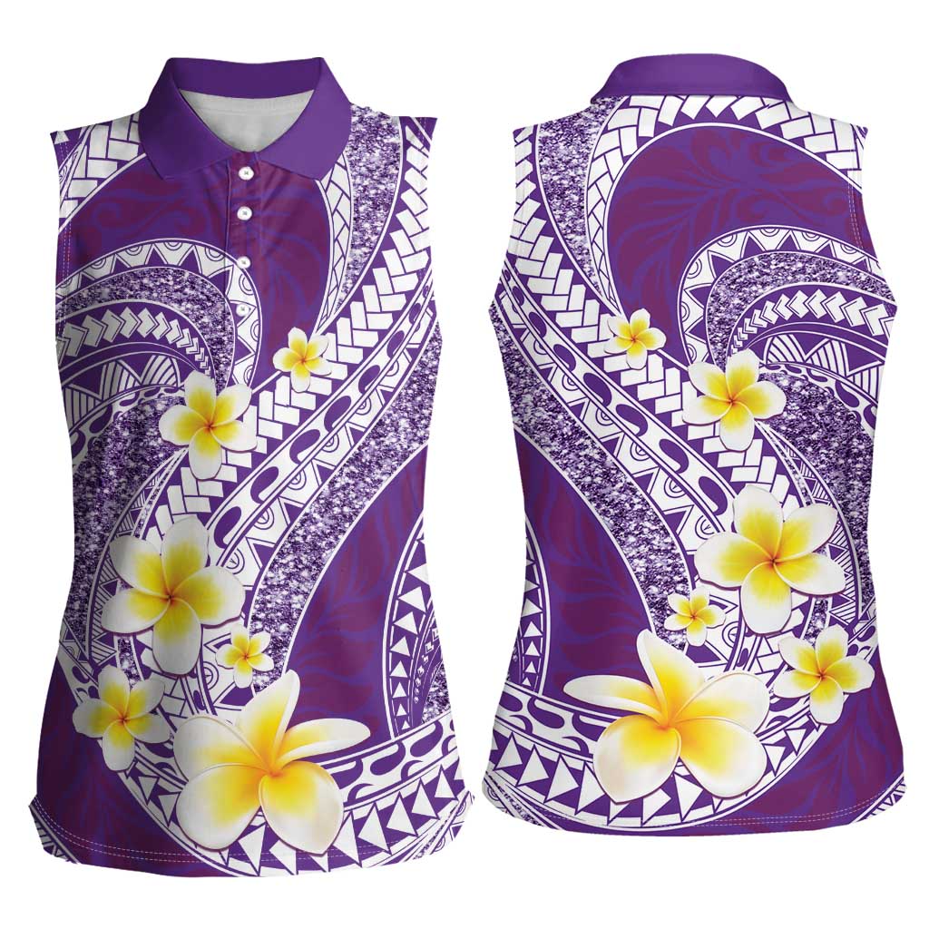 Plumeria Polynesian Purple Glitter Pattern Women Sleeveless Polo Shirt