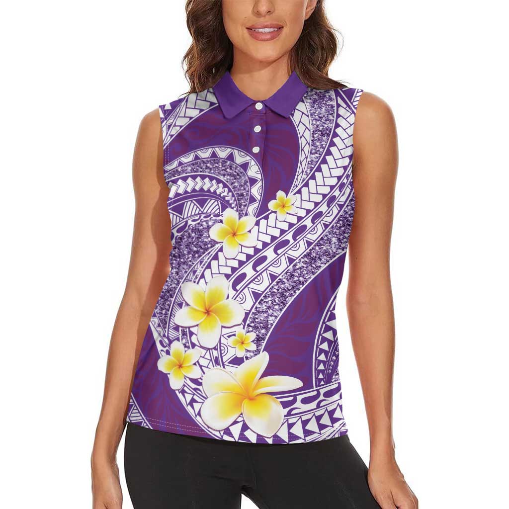 Plumeria Polynesian Purple Glitter Pattern Women Sleeveless Polo Shirt