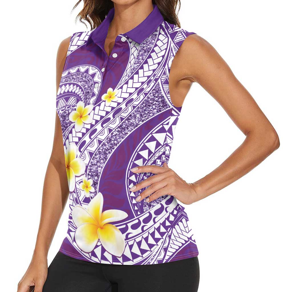 Plumeria Polynesian Purple Glitter Pattern Women Sleeveless Polo Shirt