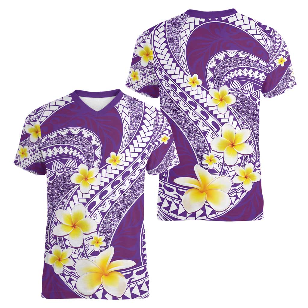 Plumeria Polynesian Purple Glitter Pattern Women V-Neck T-Shirt LT01 - Polynesian Pride