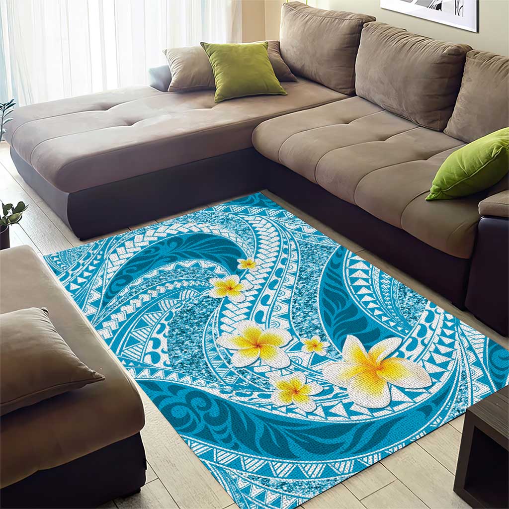 Plumeria Polynesian Sky Blue Glitter Pattern Area Rug