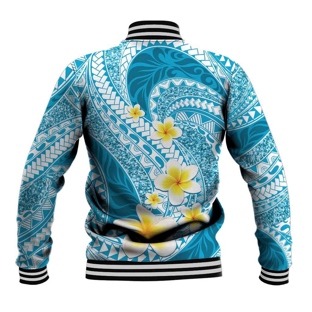 Plumeria Polynesian Sky Blue Glitter Pattern Baseball Jacket LT01 - Polynesian Pride