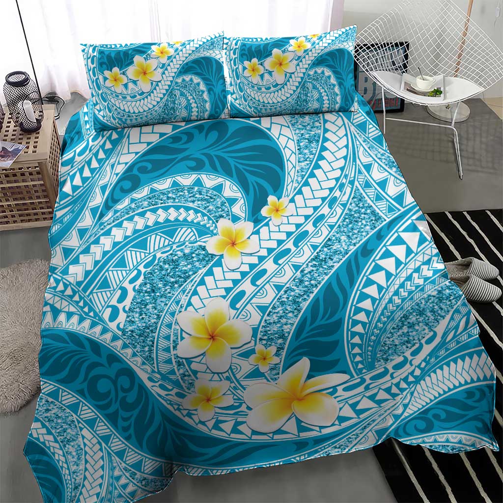 Plumeria Polynesian Sky Blue Glitter Pattern Bedding Set
