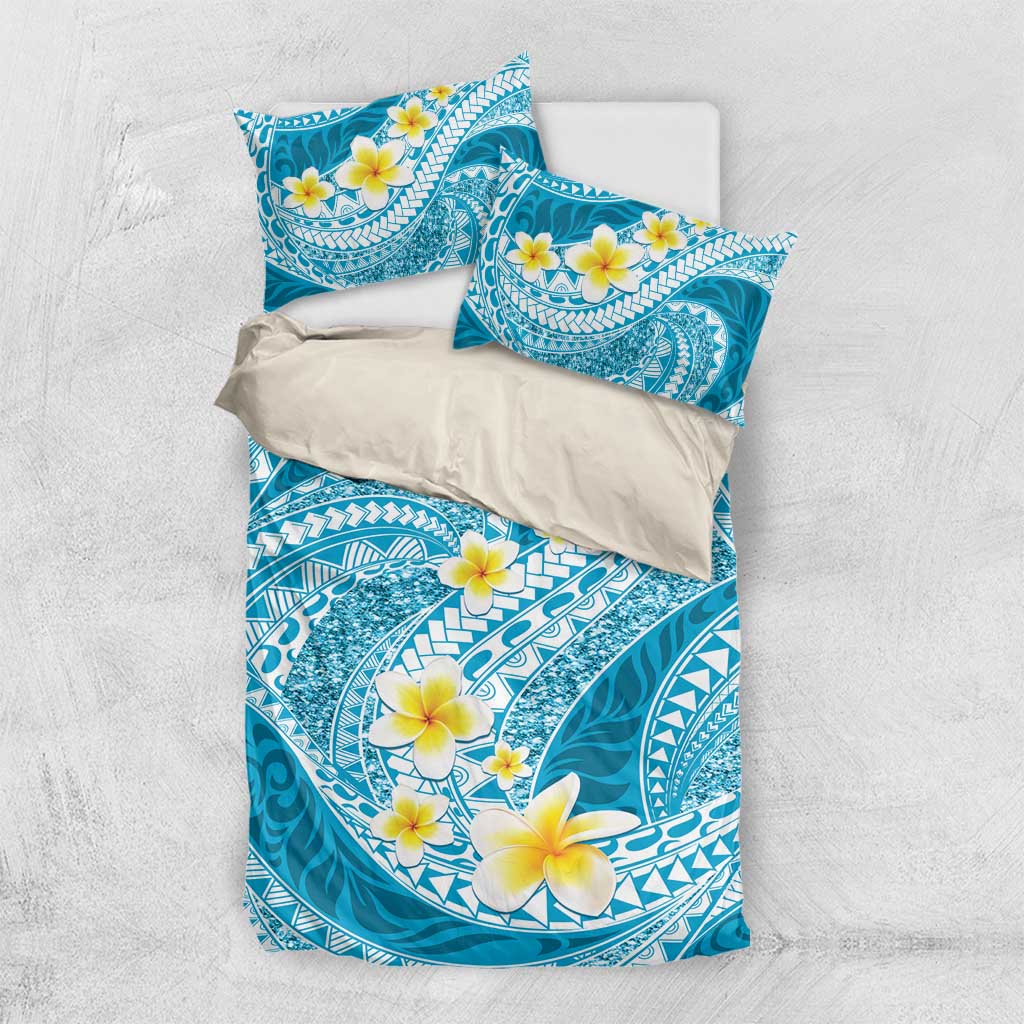 Plumeria Polynesian Sky Blue Glitter Pattern Bedding Set