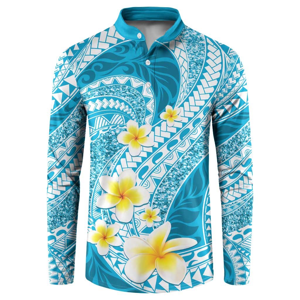 Plumeria Polynesian Sky Blue Glitter Pattern Button Sweatshirt LT01 Sky Blue - Polynesian Pride