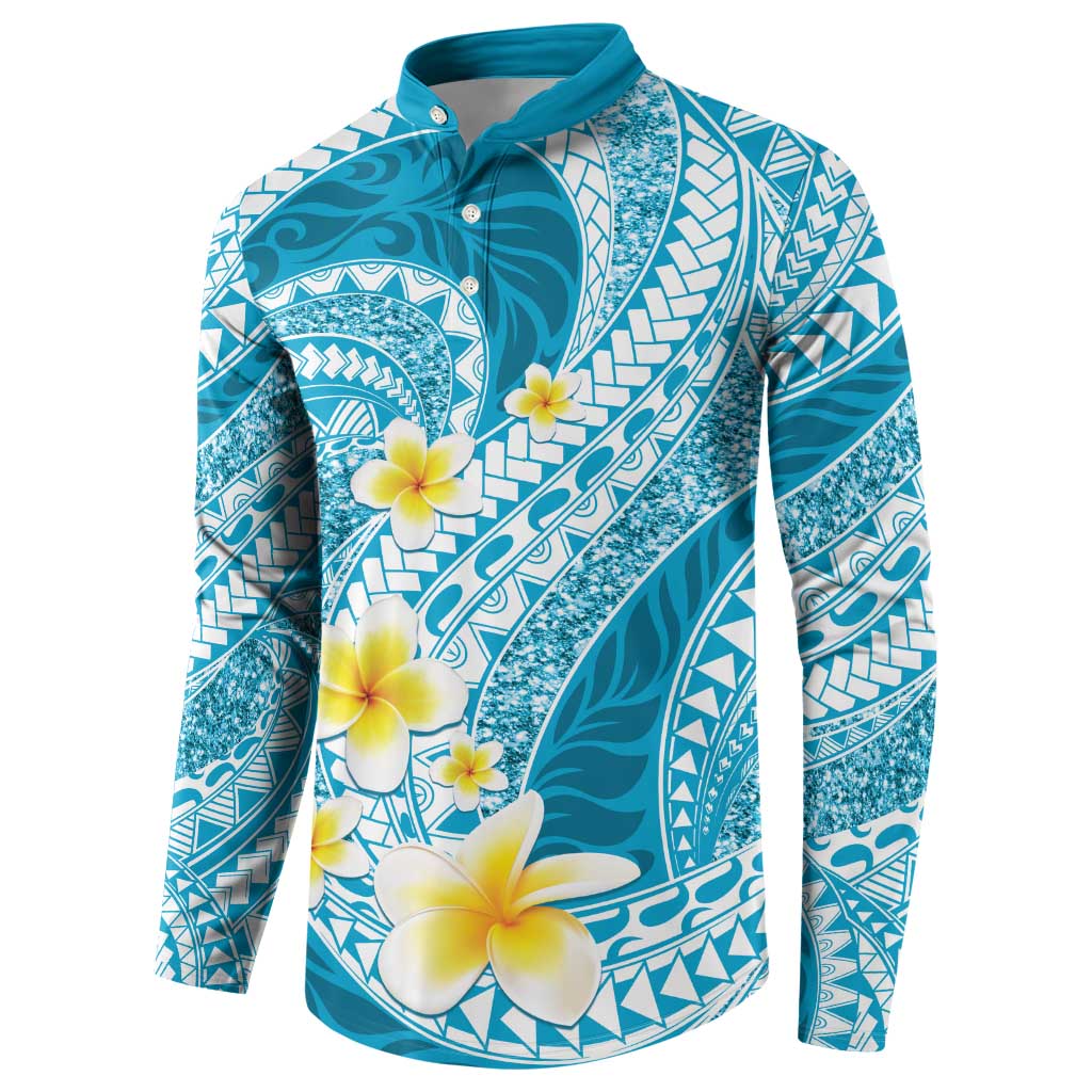Plumeria Polynesian Sky Blue Glitter Pattern Button Sweatshirt LT01 - Polynesian Pride