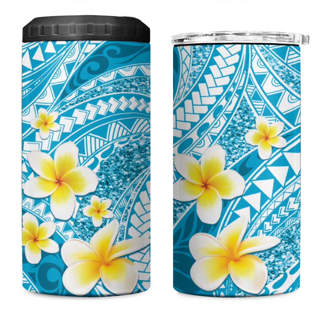 Plumeria Polynesian Sky Blue Glitter Pattern 4 in 1 Can Cooler Tumbler LT01 One Size: 16 oz Sky Blue - Polynesian Pride