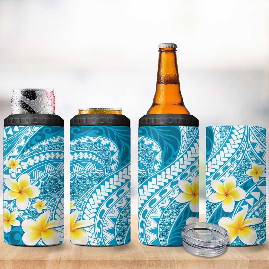 Plumeria Polynesian Sky Blue Glitter Pattern 4 in 1 Can Cooler Tumbler LT01 - Polynesian Pride