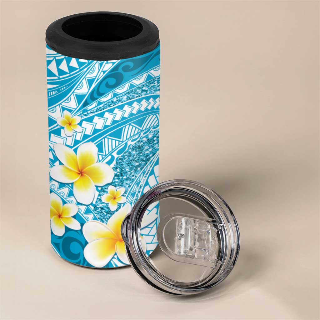 Plumeria Polynesian Sky Blue Glitter Pattern 4 in 1 Can Cooler Tumbler LT01 - Polynesian Pride