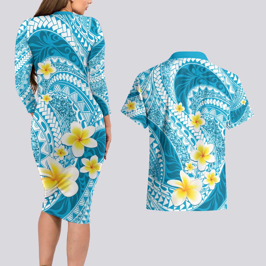 Plumeria Polynesian Sky Blue Glitter Pattern Couples Matching Long Sleeve Bodycon Dress and Hawaiian Shirt LT01 - Polynesian Pride