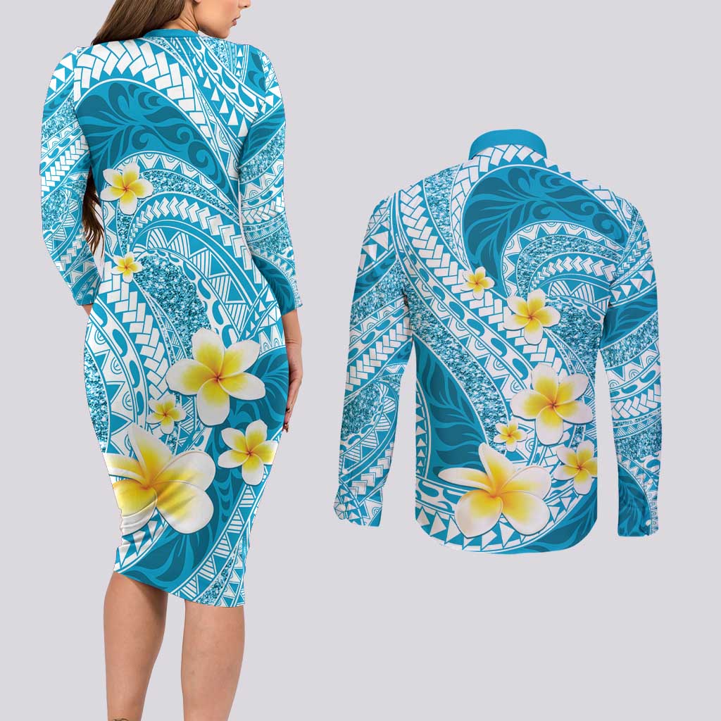 Plumeria Polynesian Sky Blue Glitter Pattern Couples Matching Long Sleeve Bodycon Dress and Long Sleeve Button Shirt LT01 - Polynesian Pride