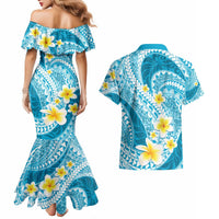 Plumeria Polynesian Sky Blue Glitter Pattern Couples Matching Mermaid Dress and Hawaiian Shirt LT01 - Polynesian Pride