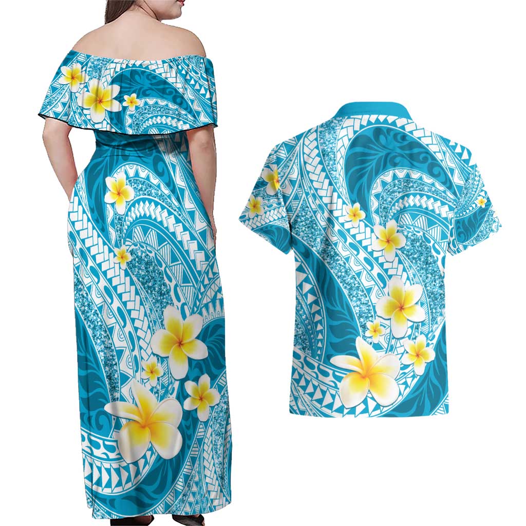 Plumeria Polynesian Sky Blue Glitter Pattern Couples Matching Off Shoulder Maxi Dress and Hawaiian Shirt LT01 - Polynesian Pride