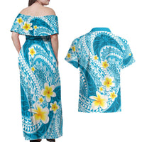Plumeria Polynesian Sky Blue Glitter Pattern Couples Matching Off Shoulder Maxi Dress and Hawaiian Shirt LT01 - Polynesian Pride