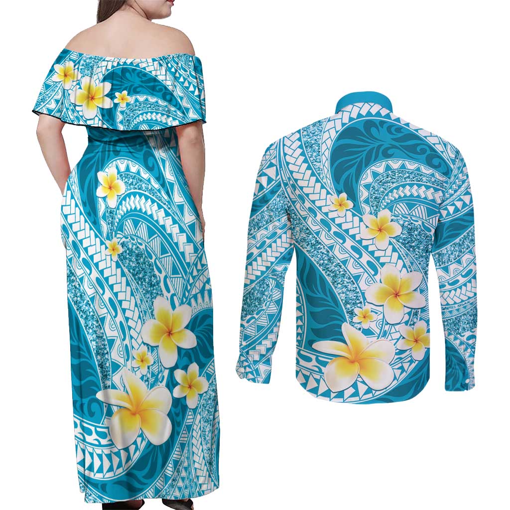 Plumeria Polynesian Sky Blue Glitter Pattern Couples Matching Off Shoulder Maxi Dress and Long Sleeve Button Shirt