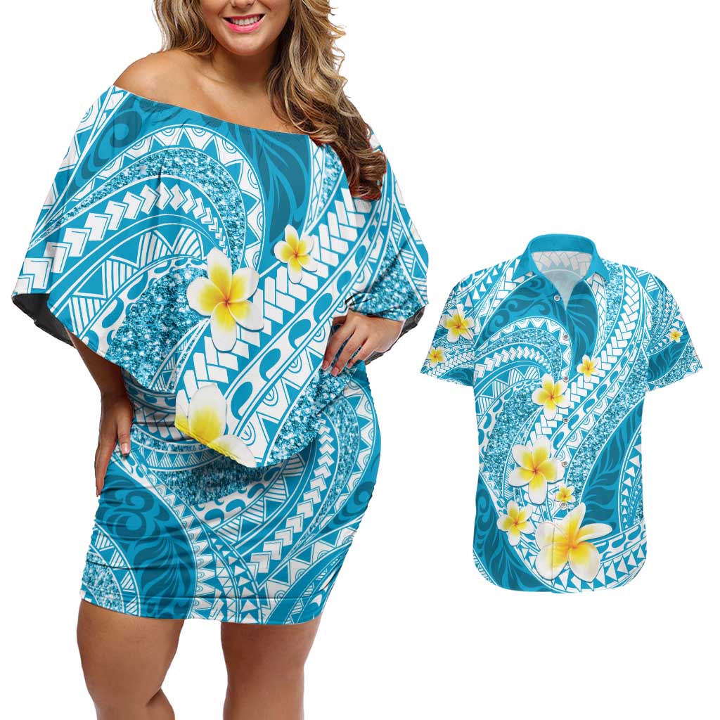 Plumeria Polynesian Sky Blue Glitter Pattern Couples Matching Off Shoulder Short Dress and Hawaiian Shirt LT01 Sky Blue - Polynesian Pride