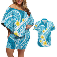 Plumeria Polynesian Sky Blue Glitter Pattern Couples Matching Off Shoulder Short Dress and Hawaiian Shirt LT01 Sky Blue - Polynesian Pride