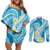 Plumeria Polynesian Sky Blue Glitter Pattern Couples Matching Off Shoulder Short Dress and Long Sleeve Button Shirt LT01 Sky Blue - Polynesian Pride