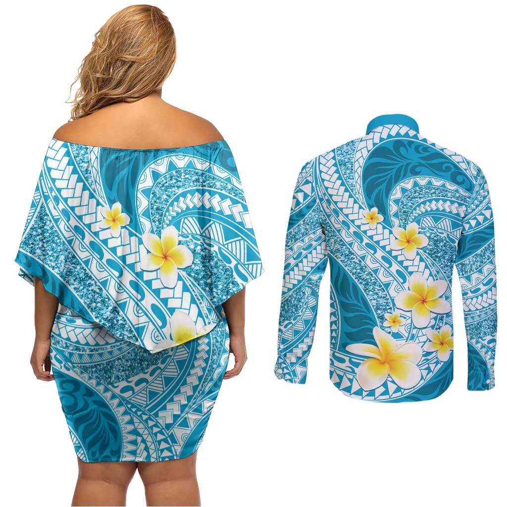 Plumeria Polynesian Sky Blue Glitter Pattern Couples Matching Off Shoulder Short Dress and Long Sleeve Button Shirt LT01 - Polynesian Pride