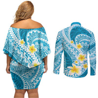 Plumeria Polynesian Sky Blue Glitter Pattern Couples Matching Off Shoulder Short Dress and Long Sleeve Button Shirt LT01 - Polynesian Pride