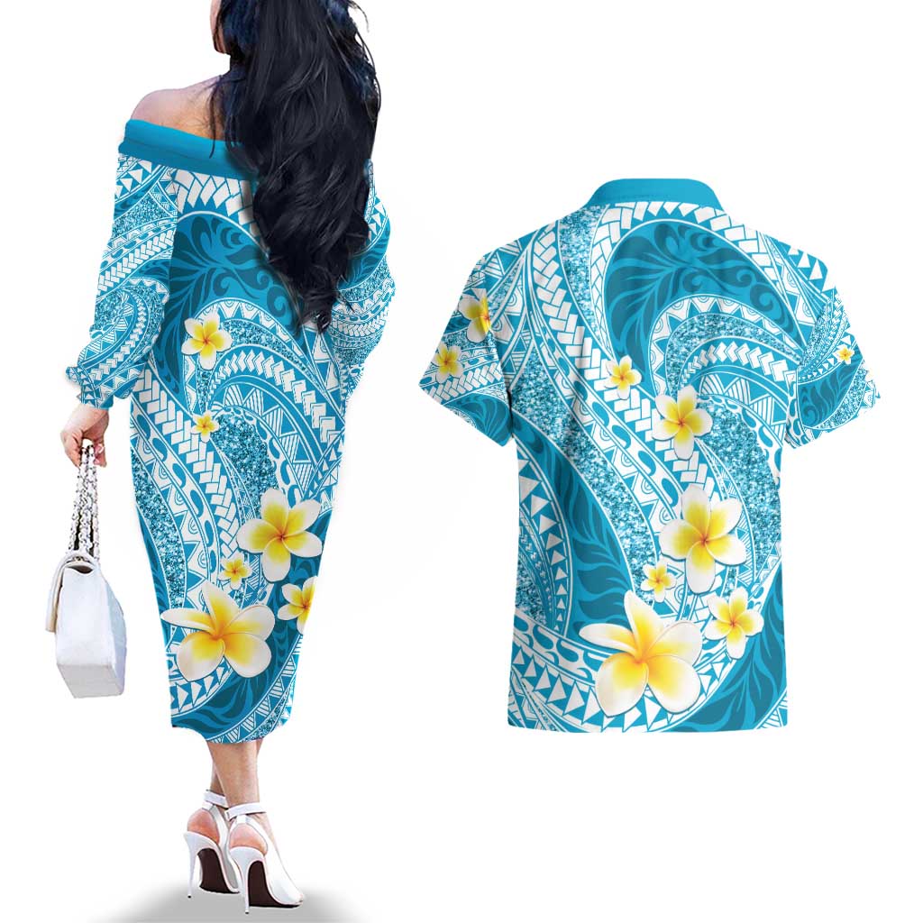 Plumeria Polynesian Sky Blue Glitter Pattern Couples Matching Off The Shoulder Long Sleeve Dress and Hawaiian Shirt LT01 - Polynesian Pride