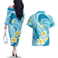 Plumeria Polynesian Sky Blue Glitter Pattern Couples Matching Off The Shoulder Long Sleeve Dress and Hawaiian Shirt LT01 - Polynesian Pride